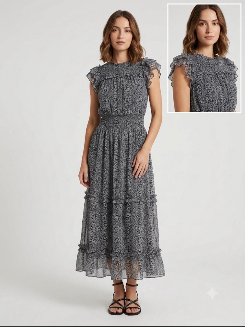1.State Smocked Waist Black Floral Ruffle Midi Dress